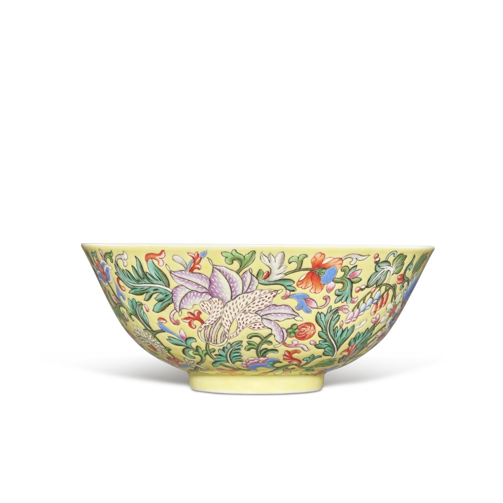 View full screen - View 1 of Lot 110. A yellow-ground famille-rose 'floral' bowl, Seal mark and period of Daoguang.