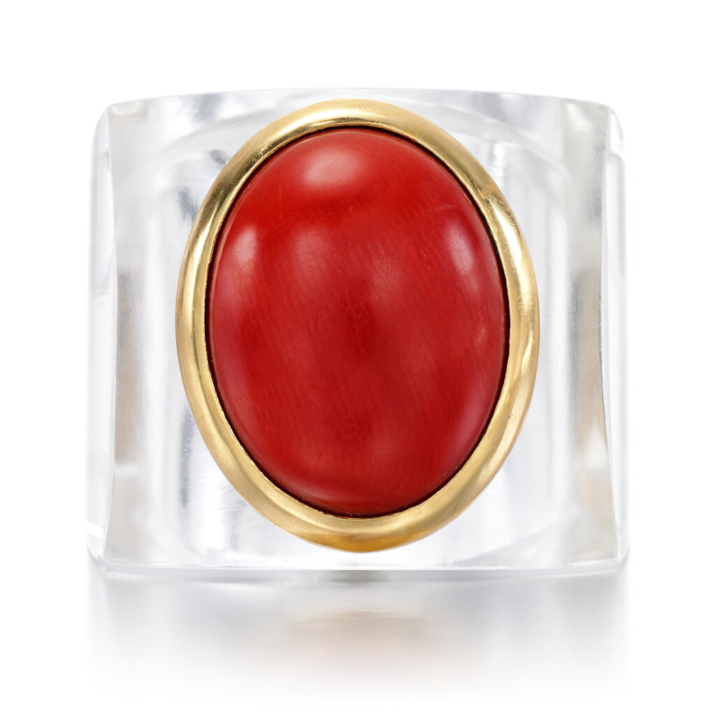 View full screen - View 1 of Lot 22. René Boivin, attributed to | Rock crystal and coral ring, 1970s.