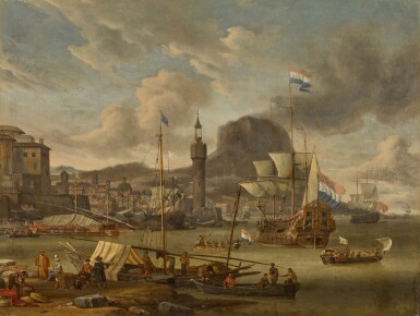 View full screen - View 1 of Lot 202. A capriccio of a mediterranean harbour, possibly Palermo.