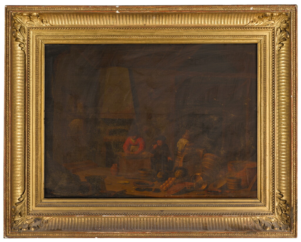 View full screen - View 1 of Lot 51. JAN SPANJAERT | A kitchen interior with peasants, utensils and fruit.
