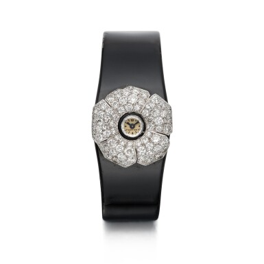 View full screen - View 1 of Lot 193. Cartier | Lacquer and Diamond Watch-Cuff, France 卡地亞 黑漆配鑽石手鐲腕錶,法國.