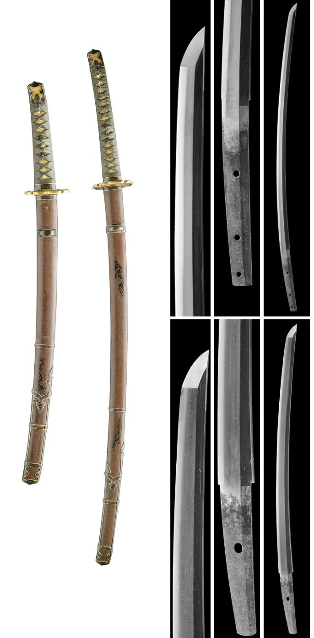 View full screen - View 1 of Lot 54. A daisho | The katana attributed to Tegai Kanekiyo | The wakizashi attributed to Sue Nio | Nanbokucho - Muromachi period, 14th - 15th century .