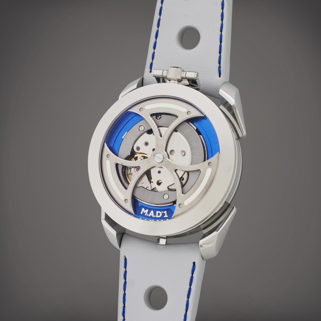 View full screen - View 1 of Lot 67. M.A.D.1 | A stainless steel semi-skeletonised wristwatch with lateral time display and triple-blade winding rotor, Made in collaboration with MB&F, Circa 2021.