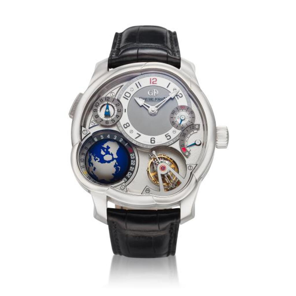 View full screen - View 1 of Lot 301. GMT A white gold 24-second inclined tourbillon world time and dual time wristwatch with power reserve indication and three dimensional globe, Circa 2015.