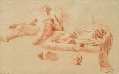 View full screen - View 1 of Lot 156. Two studies of a male figure lying on a bed, and a separate study of his feet.