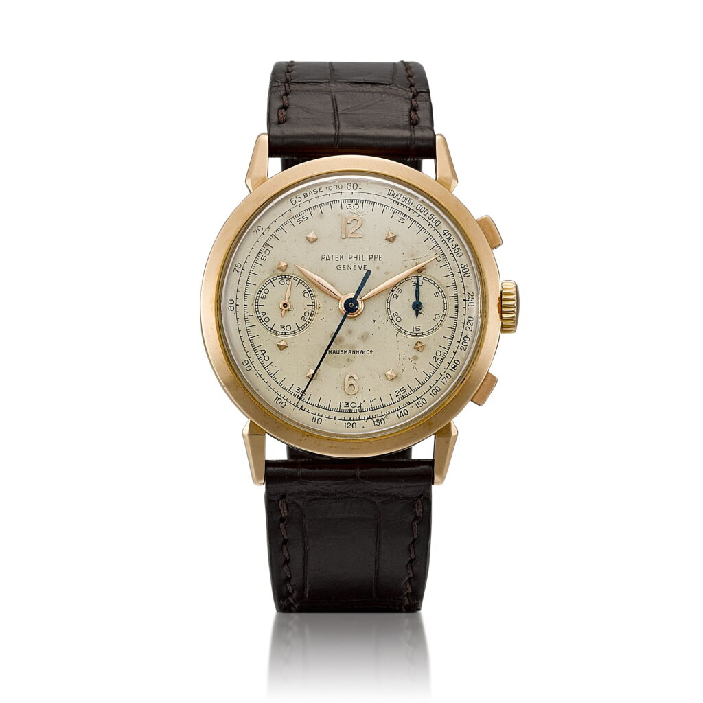 View full screen - View 1 of Lot 8157. Reference 1579 | A pink gold chronograph wristwatch, Retailed by Hausmann & Co., Circa 1951 | 百達翡麗 | 型號1579 | 粉紅金計時腕錶,由 Hausmann & Co. 發行,約1951年製.
