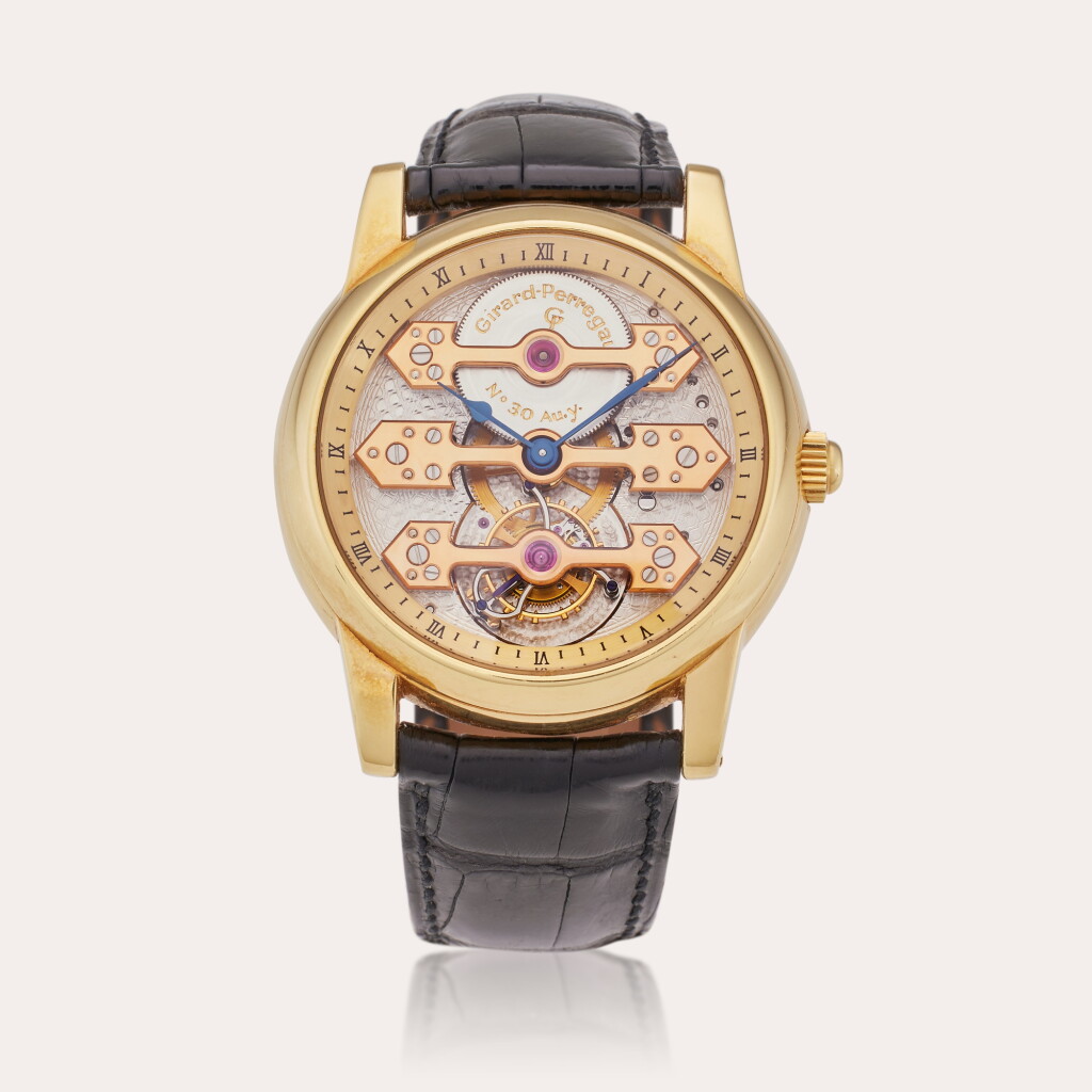 View full screen - View 1 of Lot 129. Tourbillon Sous Trois Ponts d'Or | A yellow gold semi-skeletonized tourbillon wristwatch with three gold bridges, Circa 1992.