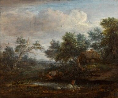 View full screen - View 1 of Lot 29. Wooded landscape with a mounted figure on a horse drinking at a pool, a thatched cottage beyond .