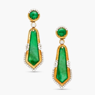 View full screen - View 1 of Lot 242. Pair of Jade and Diamond Pendant-Earclips.