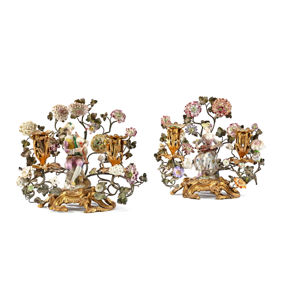View full screen - View 1 of Lot 85. A pair of Louis XV gilt-bronze mounted Meissen porcelain two-light candelabra, mid-18th century, the porcelain flowers 18th century and later.