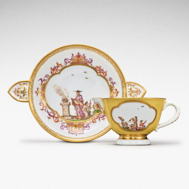 View full screen - View 1 of Lot 99. A Meissen yellow-ground pouring cup and two-handled stand, Circa 1730 .