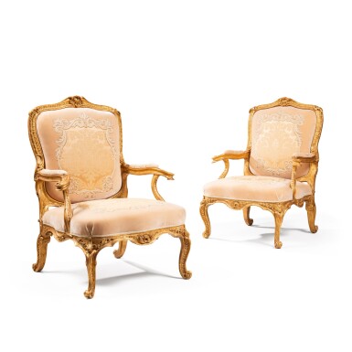 View full screen - View 1 of Lot 414. A pair of George III giltwood armchairs, circa 1765, in the manner of Matthias Lock.