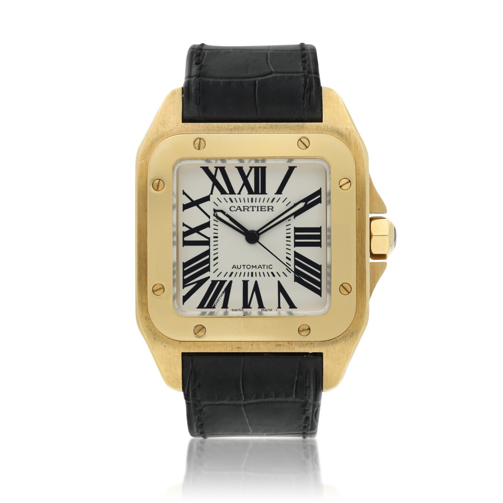 View full screen - View 1 of Lot 175. Reference 2657 Santos 100 A yellow gold automatic square shaped wristwatch, Circa 2010.