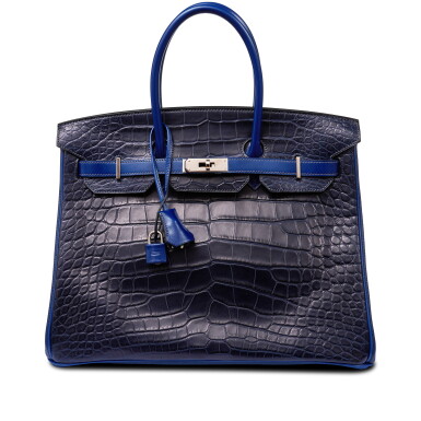 View full screen - View 1 of Lot 83. Limited Edition Bleu Indigo Box, Clémence and Matte Mississippiensis Alligator Tri-leather Birkin 35 Palladium Hardware, ca. 2009.