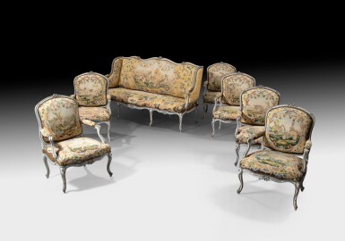 View full screen - View 1 of Lot 53. A set of Louis XV painted mobilier de salon, including a sofa and six armchairs, stamped P. GOURDIN | Mobilier de salon en bois laqué d'époque Louis XV, comprenant un canapé et six fauteuils, estampillé P. GOURDIN.