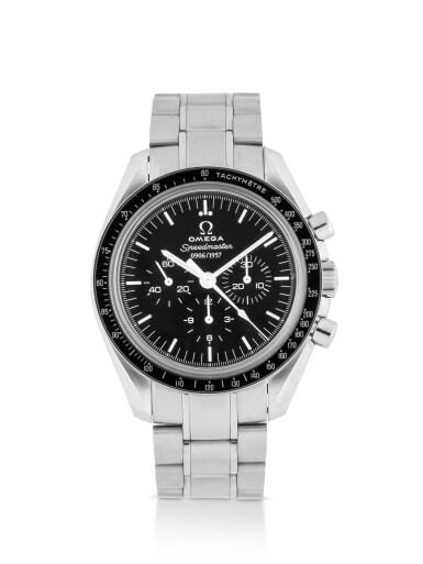 View full screen - View 1 of Lot 27. OMEGA | 50TH ANNIVERSARY SPEEDMASTER LIMITED SERIES STAINLESS STEEL CHRONOGRAPH WRISTWATCH WITH BRACELET CIRCA 2012.