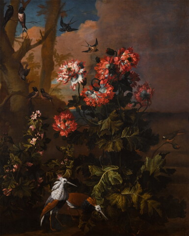 View full screen - View 1 of Lot 510. Poppies at the foot of a tree with swallows, redstarts and other birds.