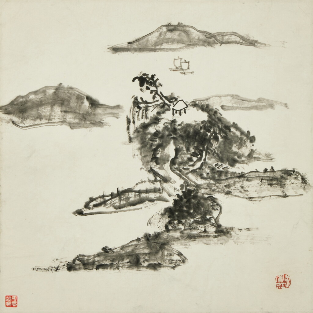 View full screen - View 1 of Lot 453. Landscape, in the style of Huang Binhong | 黃賓虹(款)《山水》設色紙本 鏡框.