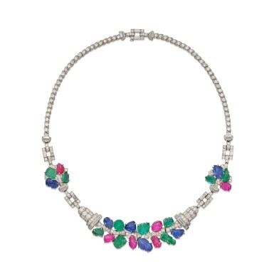 View full screen - View 1 of Lot 403. An Exquisite Colored Stone and Diamond Necklace, France | Mauboussin | 彩色寶石配鑽石項鏈,法國.