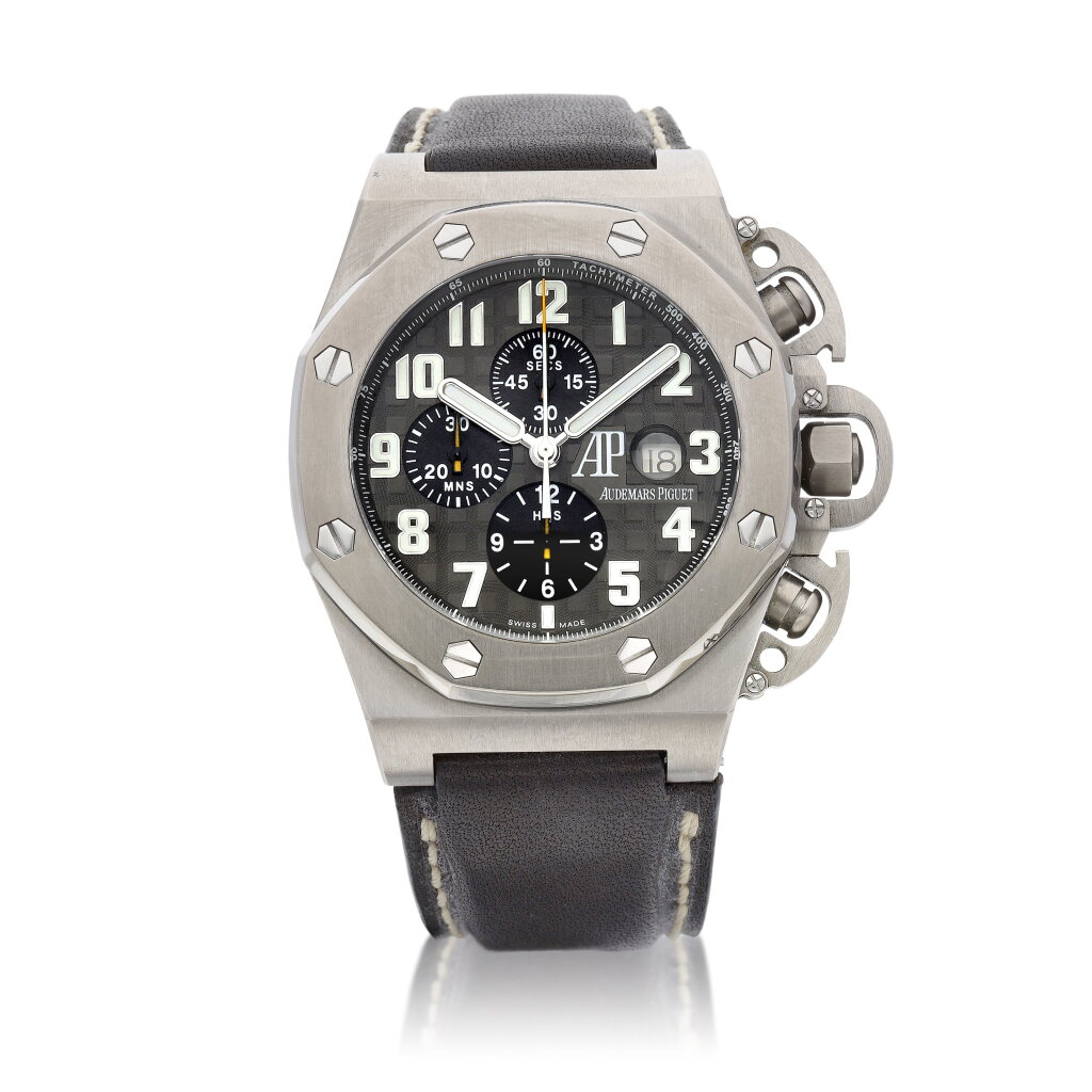 View full screen - View 1 of Lot 8038. Royal Oak Offshore "Terminator 3", Reference 25863TI.OO.A001CU.01 | A limited edition titanium chronograph wristwatch with date, Circa 2003 | 愛彼 | 皇家橡樹離岸型系列 "Terminator 3" 型號25863TI.OO.A001CU.01 | 限量版鈦金屬計時腕錶,備日期顯示,約2003年製.