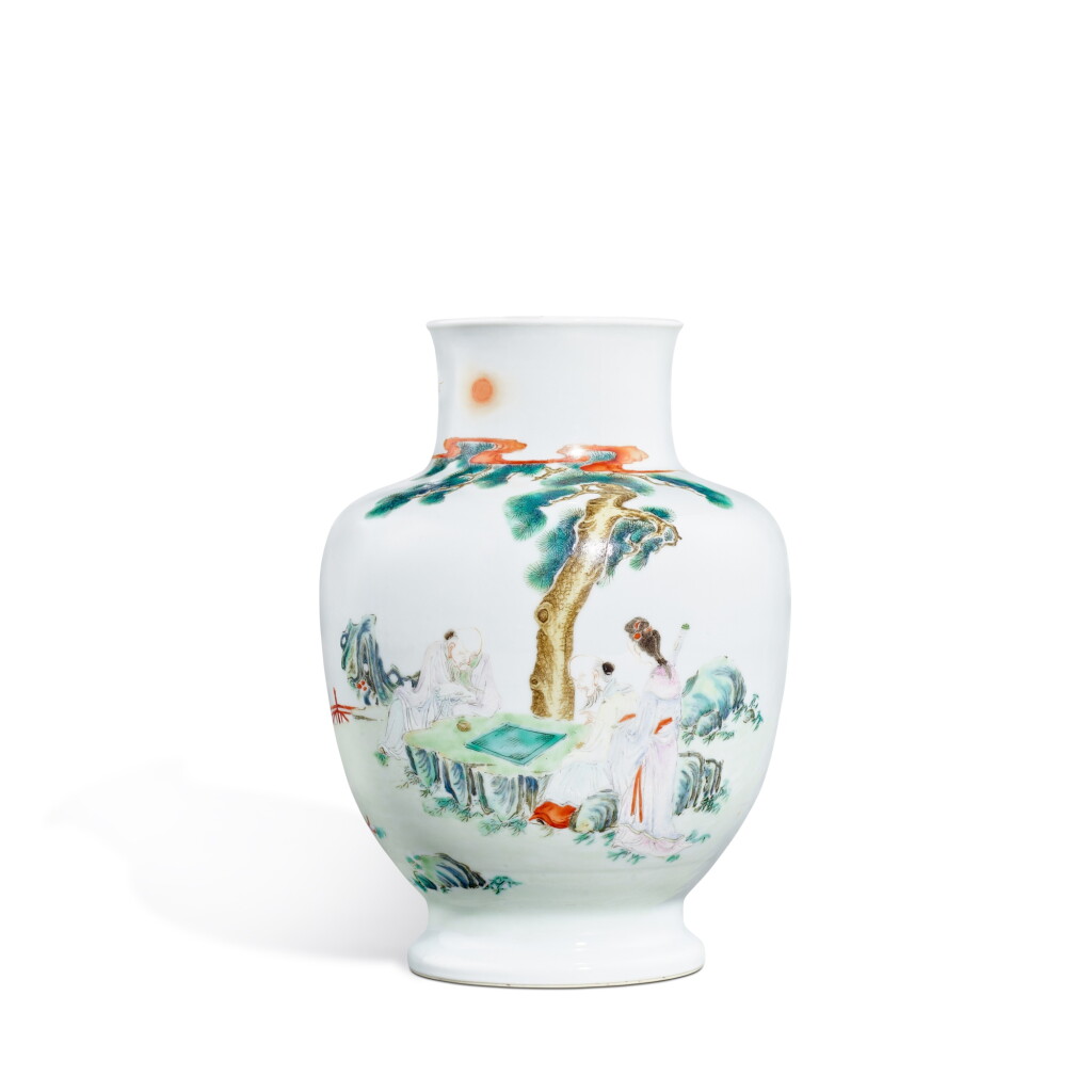 View full screen - View 1 of Lot 3380. A famille-rose 'garden' vase, Qing dynasty, 19th century | 清十九世紀 粉彩松下對弈圖瓶.