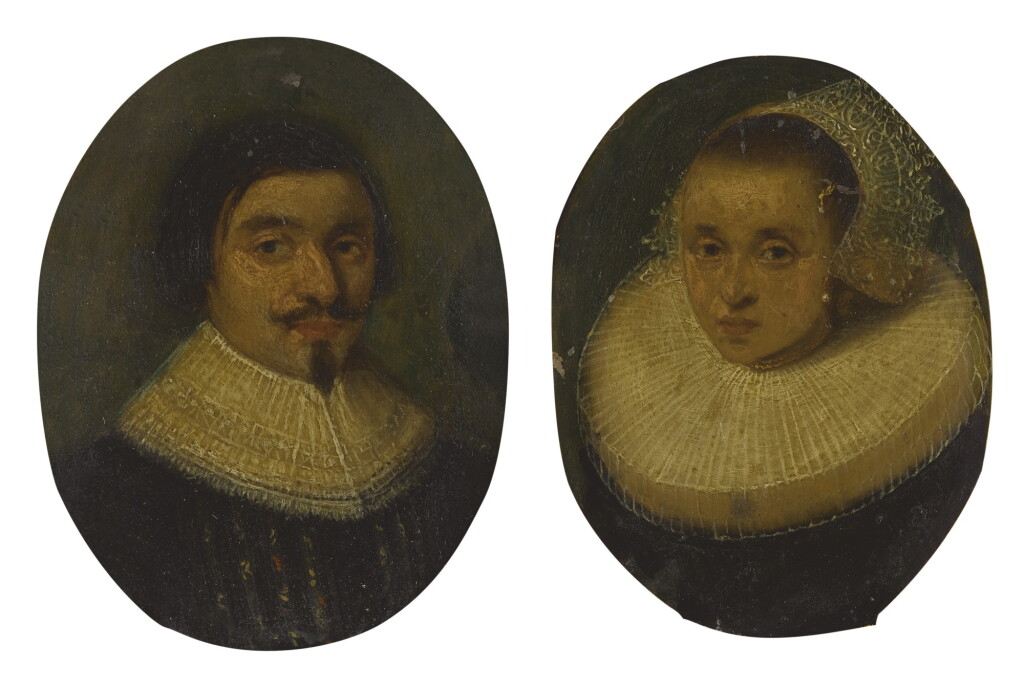 View full screen - View 1 of Lot 585. AMSTERDAM SCHOOL, CIRCA 1630 | PORTRAIT OF A GENTLEMAN, BUST LENGTH, WEARING A RUFF; PORTRAIT OF A LADY, BUST LENGTH, WEARING A RUFFLED COLLAR AND WHITE LACE BONNET.