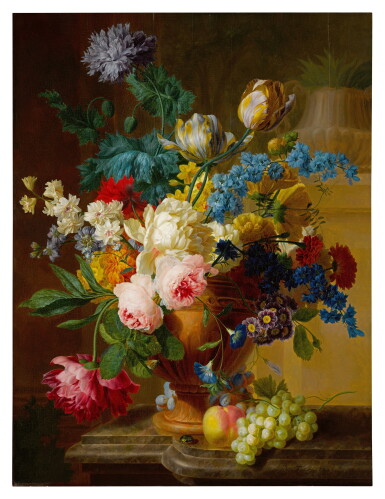 View full screen - View 1 of Lot 462. Still Life of Roses, Peonies, Tulips, Narcissus, and Other Flowers in a Terracotta Vase.