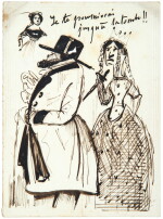 MUSSET. Amusant dessin à la plume vers 1841, probablement inédit, représentant la célèbre Rachel
