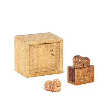 View full screen - View 1 of Lot 3741. A miniature pottery figure of a sheep, Han dynasty and a boxwood 'sheep' seal, Qing dynasty, dated Daoguang gengzi year, corresponding to 1840 | 漢 袖珍陶羊 及 清道光庚子年(1840年) 黃楊木題字羊鈕印一套兩件.