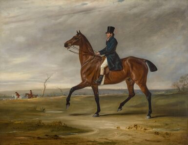 View full screen - View 1 of Lot 84. A gentleman, possibly Francis Lyttelton Holyoake, later Sir Francis Lyttelton Holyoake Goodricke, 1st Baronet (1797–1865), on a bay hunter in a landscape, a hunt beyond.