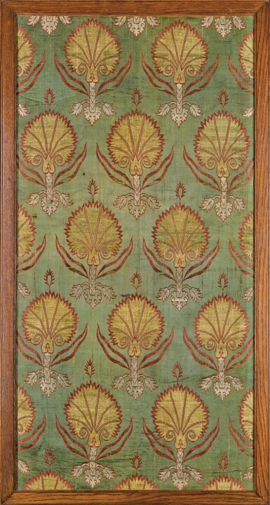 View full screen - View 1 of Lot 451. AN UNUSUAL OTTOMAN SILK SATIN AND METAL-THREAD BROCADE PANEL (KEMHA) WITH A GREEN GROUND, TURKEY, CIRCA 1600.