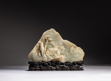 View full screen - View 1 of Lot 72. An imperially inscribed 'Zhulu shanfang' celadon jade boulder, Qing dynasty, Qianlong period | 清乾隆 青玉雕御題「竹爐山房」圖山子.