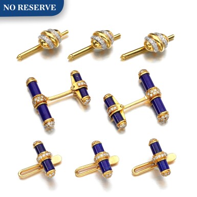 View full screen - View 1 of Lot 177. Lapis lazuli dress set || Three diamond studs, 1970s.