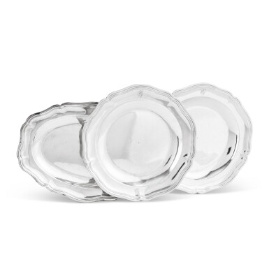 View full screen - View 1 of Lot 466. A pair of silver circular dishes, Jacques Chambert, Versailles, 1760-1764, and oval dish, Edme | Pierre Balzac, Paris, 1762-1763 Pair de plats ronds en argent par Jacques Chambert, Versailles, 1760-1764 et plat ovale en argent par Edme Pierre Balzac, Paris, 1762-1763.