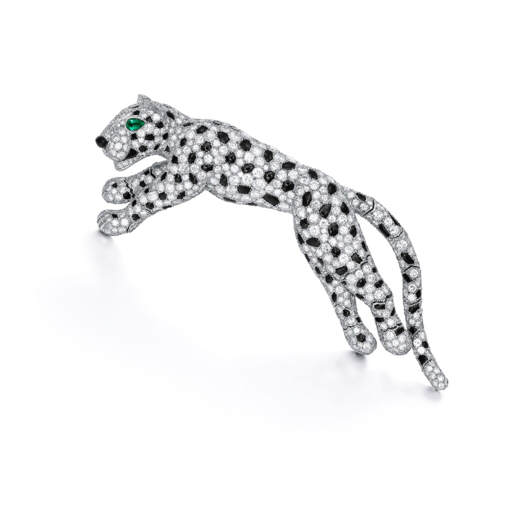 View full screen - View 1 of Lot 1856. 'Panthère' Diamond, Onyx and Emerald Brooch, 1970 | 卡地亞 | 'Panthere' 鑽石 配 縞瑪瑙 及 祖母綠 胸針,1970年.