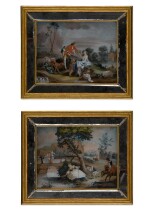 A Pair of Continental Painted Glass Pictures Depicting Pastoral Scenes after François Boucher