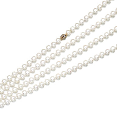 View full screen - View 1 of Lot 124. CULTURED PEARL, SAPPHIRE AND DIAMOND NECKLACE, CARTIER.