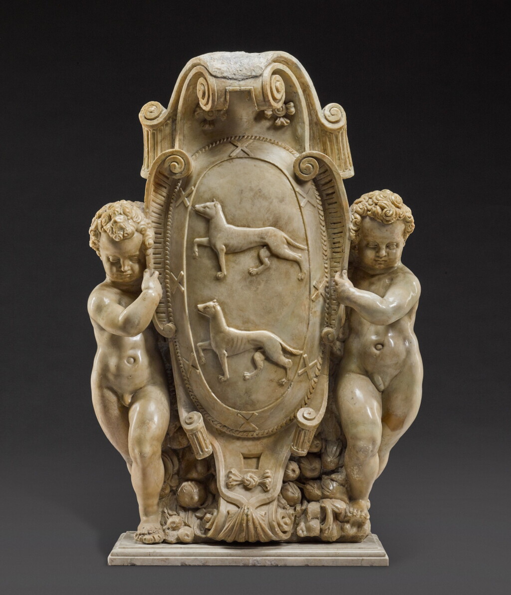 View full screen - View 1 of Lot 8. Spanish, possibly Toledo, circa 1570-1590 | Monumental escutcheon with the arms of the Ayala, flanked by putti.