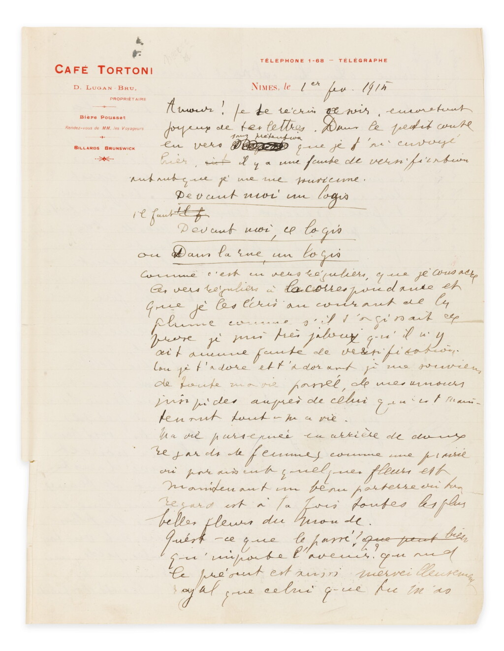 View full screen - View 1 of Lot 218. APOLLINAIRE. Magnifique lettre d'amour à Lou. 1915. "Tu es pour moi le résumé du monde.".