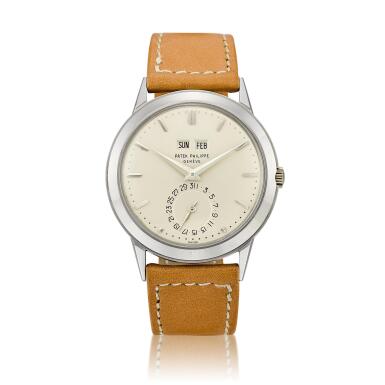 View full screen - View 1 of Lot 2263. Reference 3448 'Senza Luna' | A historically important white gold perpetual calendar wristwatch with Extract from the Archives confirming the dial without moon phase disc, Made in 1981 and sold in 1982 | 百達翡麗 | 型號3448 'Senza Luna' | 極具歷史價值白金萬年曆腕錶,備後補資料庫精粹確認錶盤無月相顯示,1981年製及1982年售.