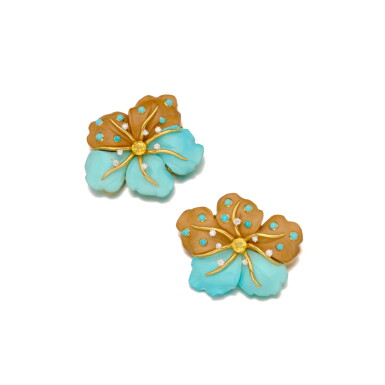 View full screen - View 1 of Lot 238. Pair of Turquoise, Wood, Yellow Sapphire and Diamond Clip-Brooches.