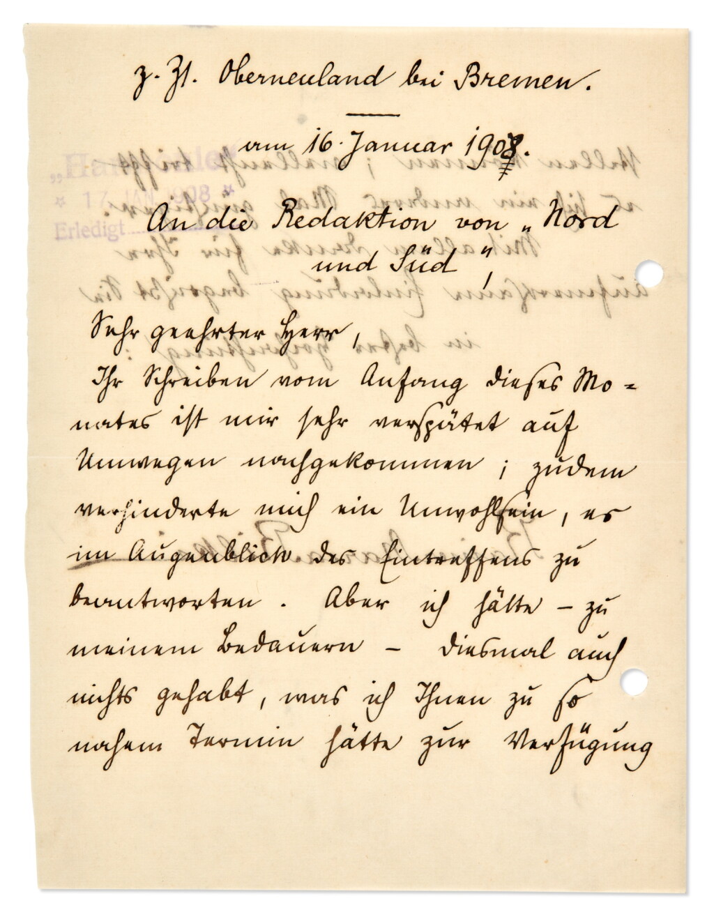 View full screen - View 1 of Lot 289. R. M. Rilke. Autograph letter signed, to the editor of "Nord und Süd", 16 January 1908.