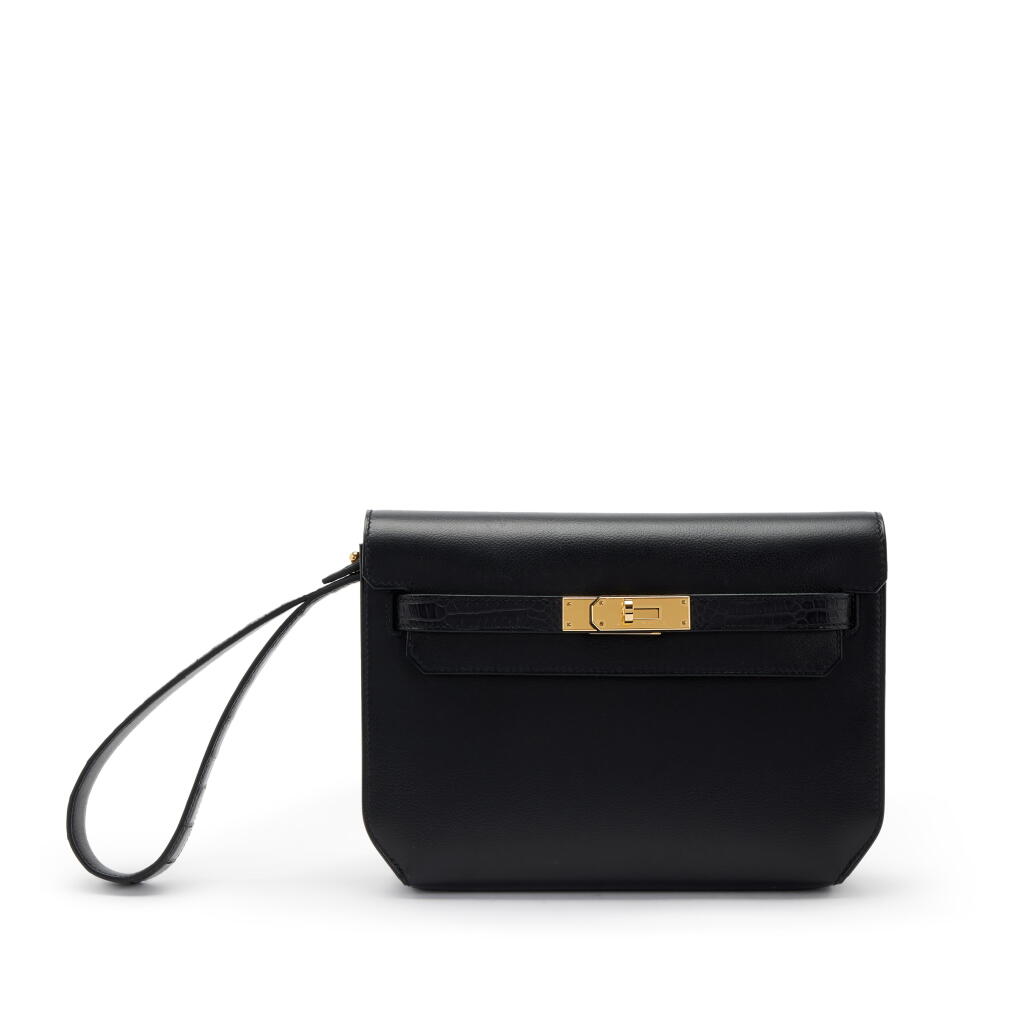Voir en plein écran - Voir 1 du lot 177. Limited Edition Black Evergrain and Matte Alligator Touch Kelly Depeches Pouch 25 Gold Hardware, 2021.
