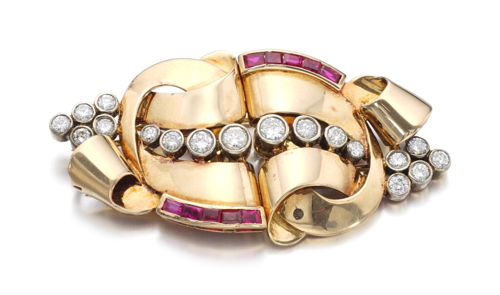View full screen - View 1 of Lot 80. RUBY AND DIAMOND DOUBLE-CLIP BROOCH, 1940S.