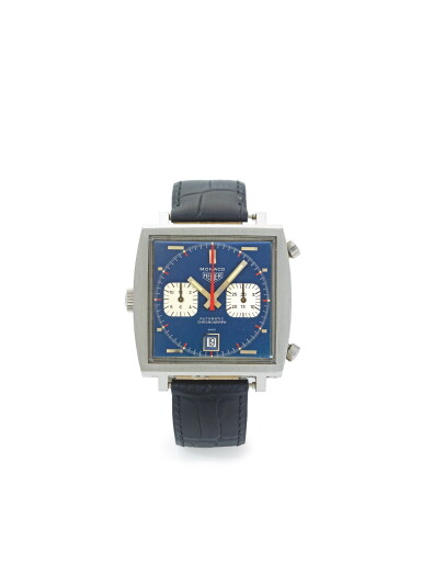 View full screen - View 1 of Lot 73. HEUER | MONACO REF 1133B A STAINLESS STEEL AUTOMATIC CHRONOGRAPH WRISTWATCH WITH REGISTERS AND DATE CIRCA 1970.