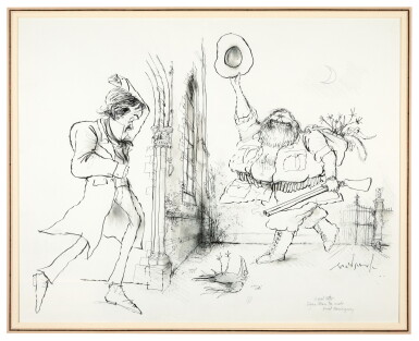 View full screen - View 1 of Lot 212. SEARLE | "Crossed Paths: Edgar Allan Poe meets Ernest Hemingway", preliminary ink drawing, framed and glazed.