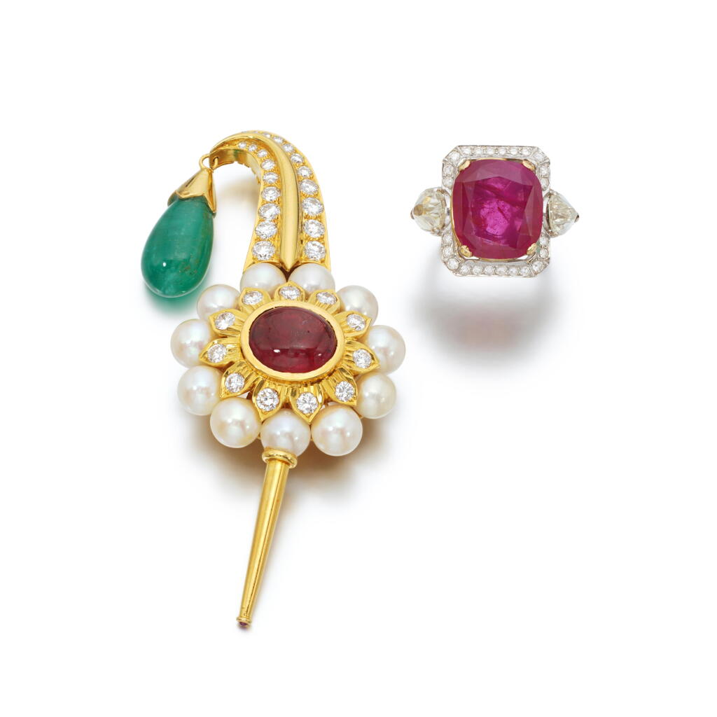 View full screen - View 1 of Lot 850. Gem set and diamond brooch and a ruby and diamond ring.