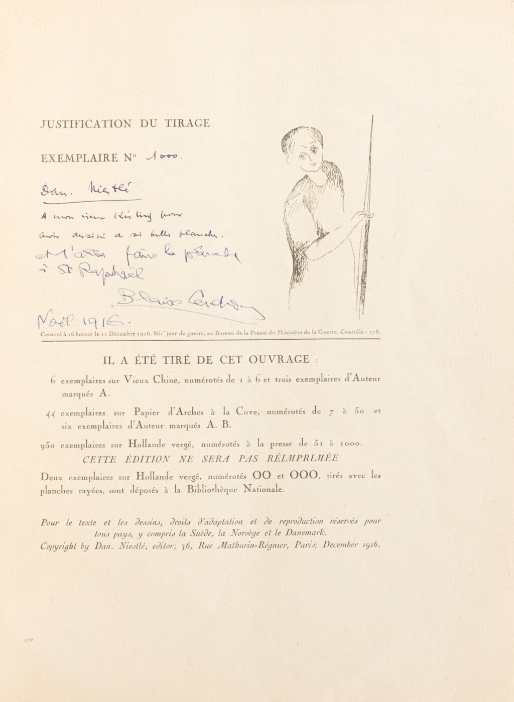 View full screen - View 1 of Lot 161. La Guerre au Luxembourg. Paris, Daniel Niestlé, 1916. In-4. Cartonnage à la Bradel. Édition originale. L’exemplaire de Moïse Kisling avec double envoi de Cendrars et Niestlé..