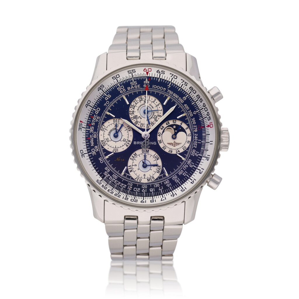 View full screen - View 1 of Lot 390. Reference L29020 Navitimer | A limited edition platinum perpetual calendar chronograph wristwatch with moon phases, Circa 1999.