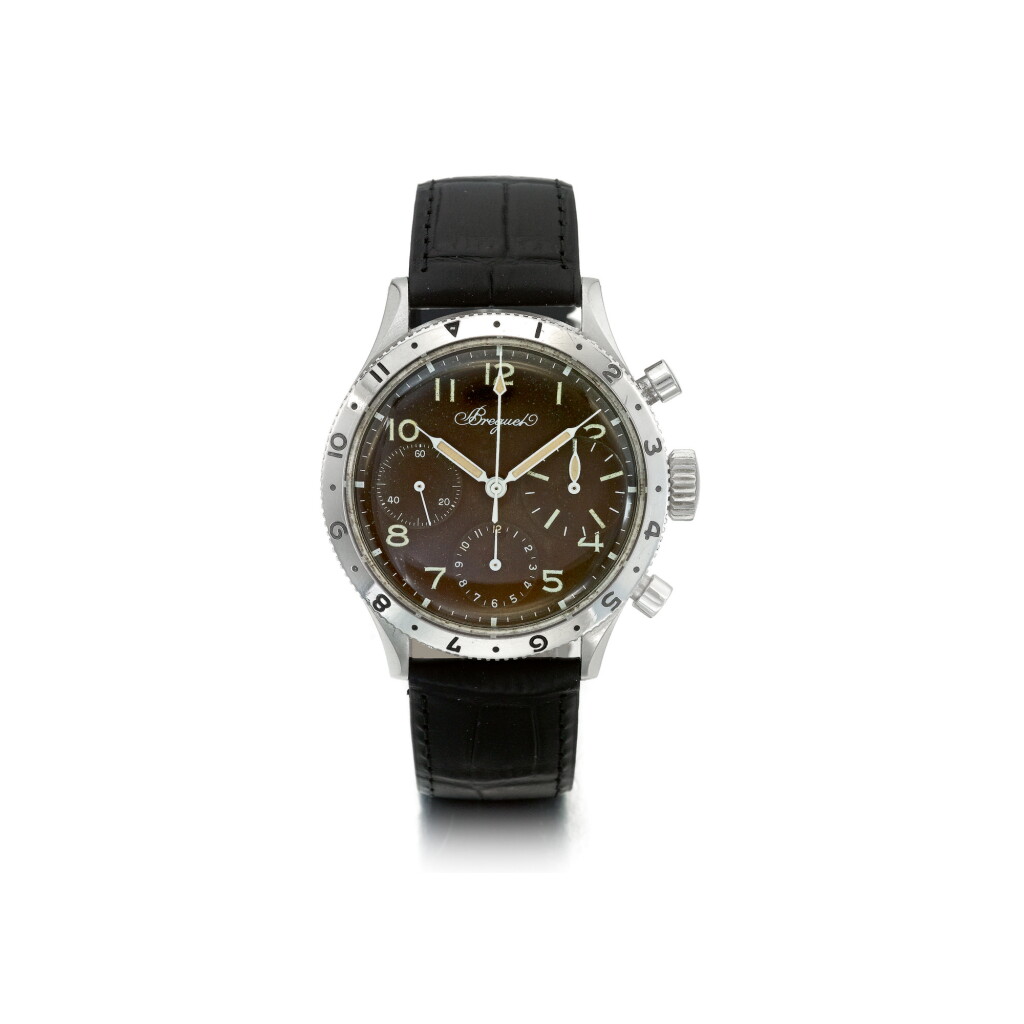 View full screen - View 1 of Lot 1051. BREGUET | TYPE XX, A STAINLESS STEEL CHRONOGRAPH WRISTWATCH WITH REGISTERS AND TROPICAL DIAL, CIRCA 1960 | 寶璣 |「TYPE XX」精鋼計時腕錶備熱帶錶盤,年份約1960.